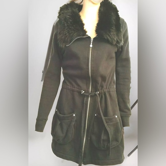 BCBGMAXAZRIA  Y2K  Gray Long Hooded Sweatshirt Full  Zip Bedazzled  Faux Fur XL - Picture 1 of 14